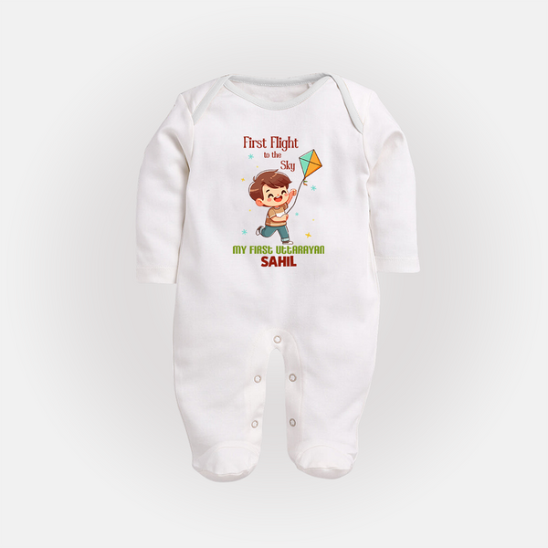 First Flight to the sky | Customized FullBody Suit with Name - WHITE - New Born (Chest 7.5")
