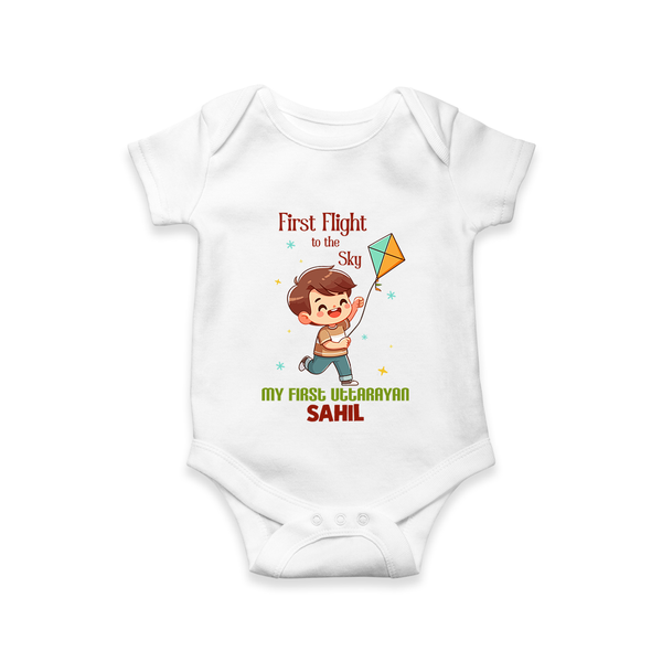 My First Uttarayan - First Flight To The Sky Customized Romper for Babies with Name - WHITE - 0 - 3 Months Old (Chest 16")