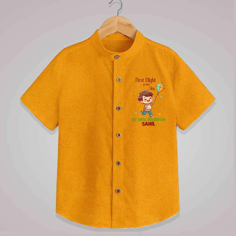 My First Uttarayan - First Flight To The Sky Customized Shirt for Kids with Name - CHROME YELLOW - 0 - 6 Months Old (Chest 23")