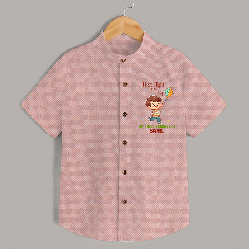 My First Uttarayan - First Flight To The Sky Customized Shirt for Kids with Name - PEACH - 0 - 6 Months Old (Chest 23")