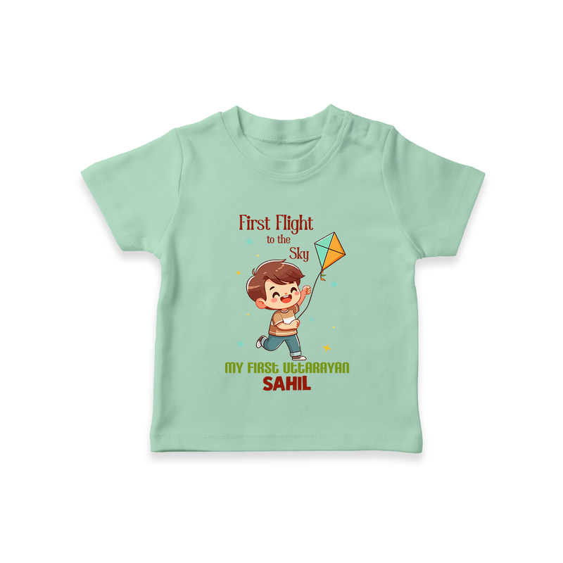 My First Uttarayan - First Flight To The Sky Customized T-shirt for Babies with Name - MINT GREEN - 0-5 Months Old (Chest 17")