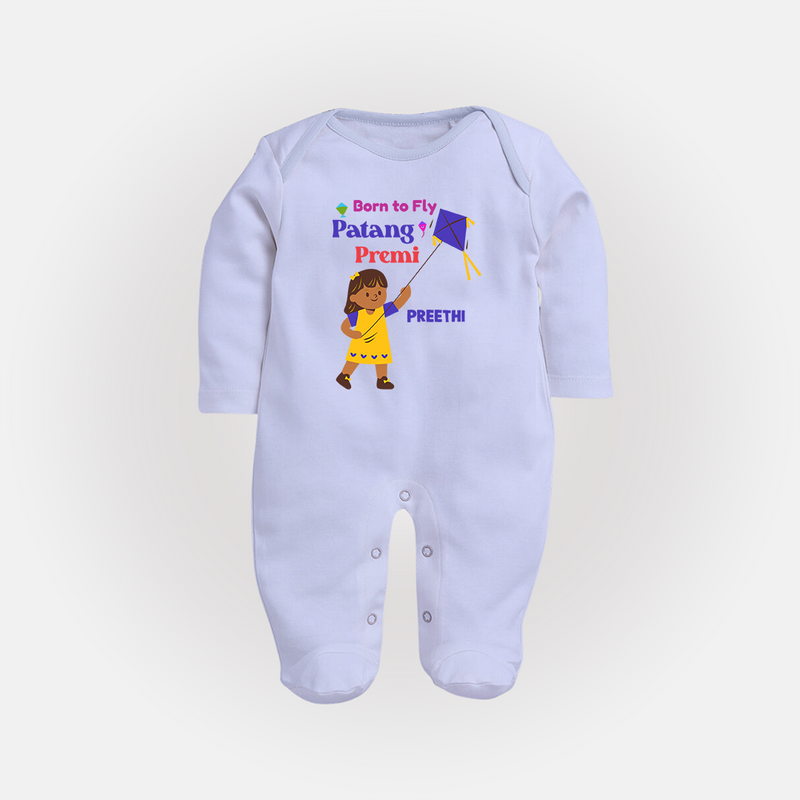 Born to fly Patang Premi - Cute Customised Full Body Suit For Babies - BABY BLUE - New Born (Chest 7.5")