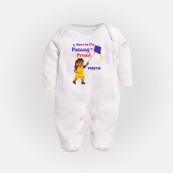 Born to fly Patang Premi - Cute Customised Full Body Suit For Babies - WHITE - New Born (Chest 7.5")