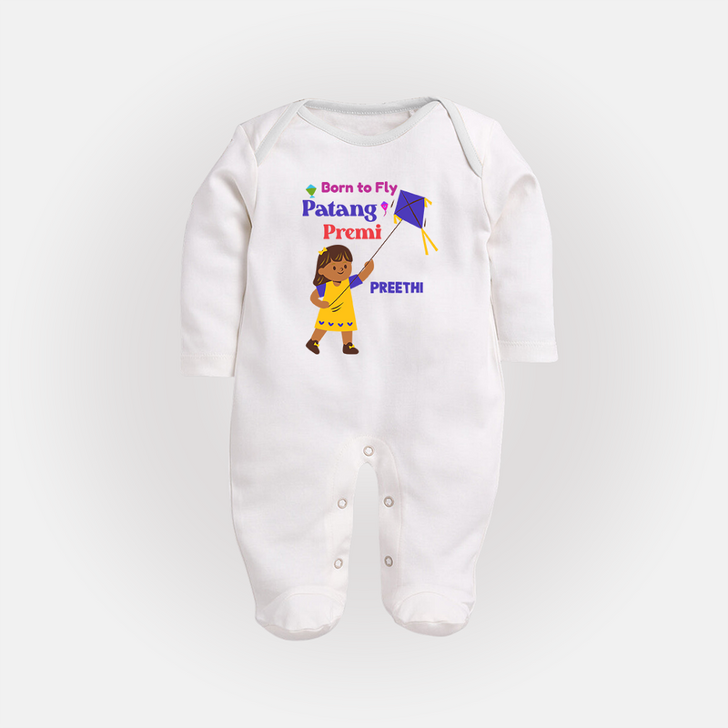 Born to fly Patang Premi - Cute Customised Full Body Suit For Babies - WHITE - New Born (Chest 7.5")