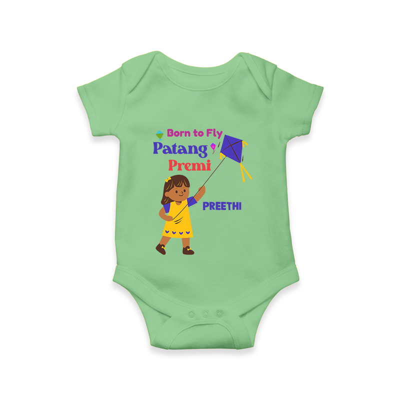 Born to fly Patang Premi - Cute Customised Onesie For Girls - GREEN - 0 - 3 Months Old (Chest 16")