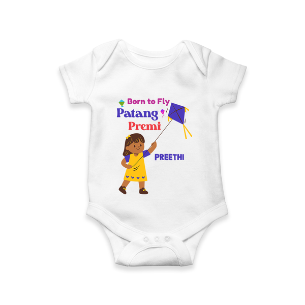 Born to fly Patang Premi - Cute Customised Onesie For Girls - WHITE - 0 - 3 Months Old (Chest 16")