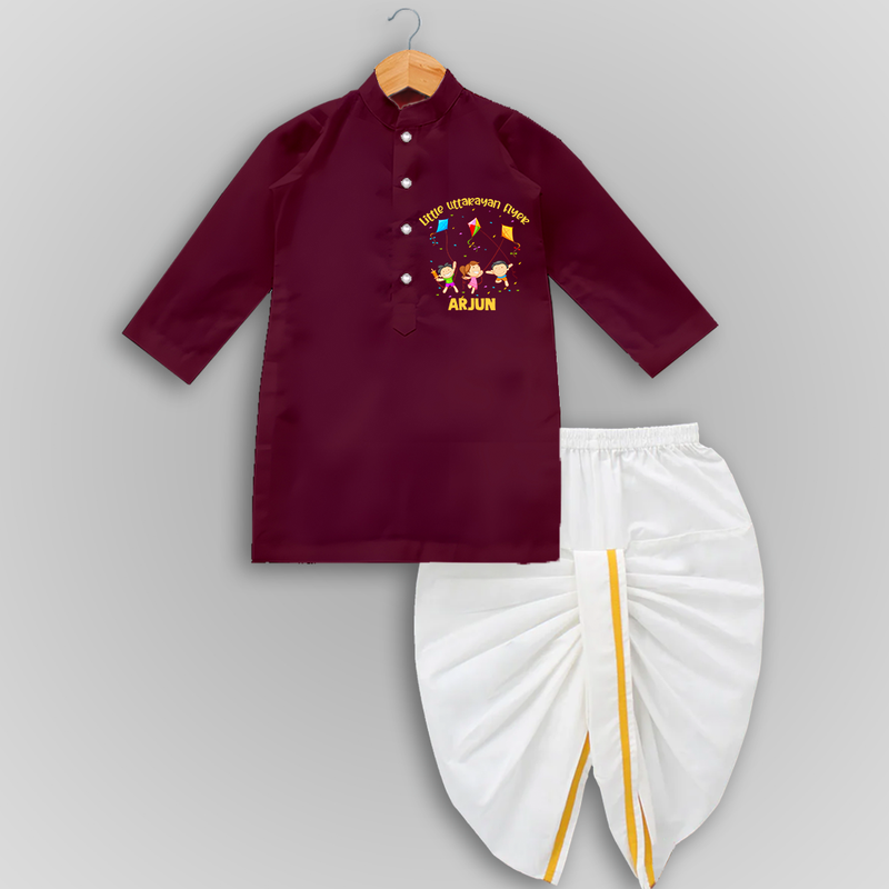 Little Uttarayan Flyer - Customised Kurta & Drapped Dhoti Set - MAROON - 0 - 6 Month Old (Chest 24", Kurta Length 14" , Waist 19", Dhoti Length 14")