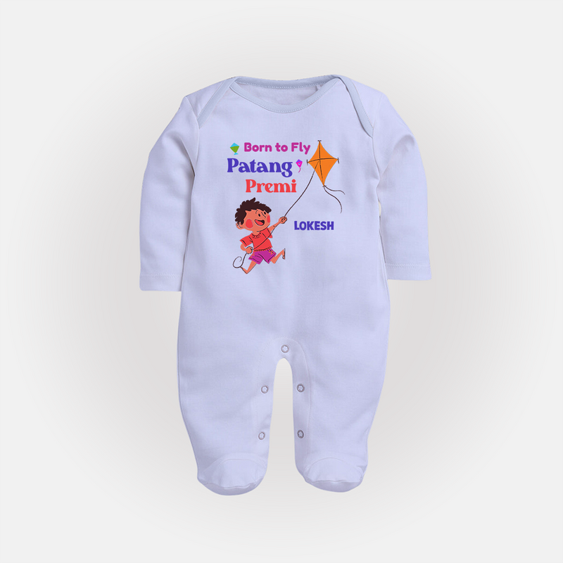 Born to fly Patang Premi - Cute Customised Full Body Suit For Kids - BABY BLUE - New Born (Chest 7.5")