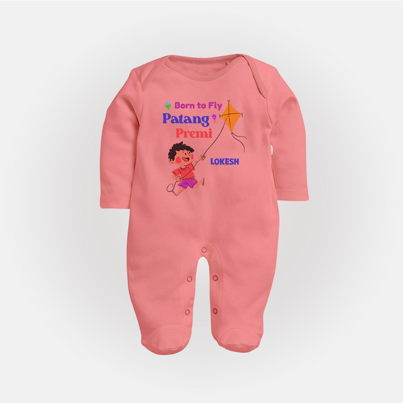 Born to fly Patang Premi - Cute Customised Full Body Suit For Kids - PEACH - New Born (Chest 7.5")