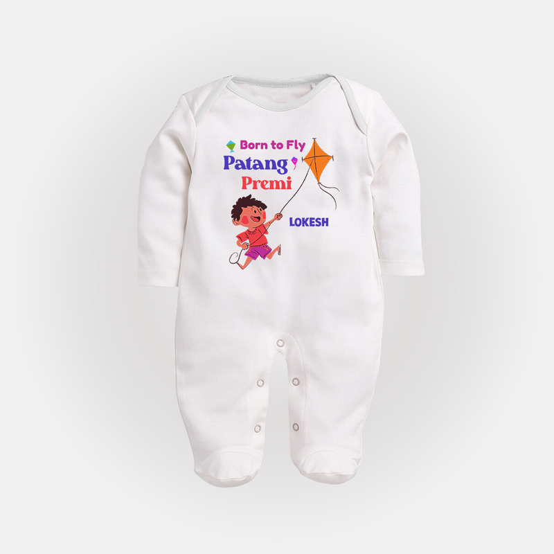 Born to fly Patang Premi - Cute Customised Full Body Suit For Kids - WHITE - New Born (Chest 7.5")