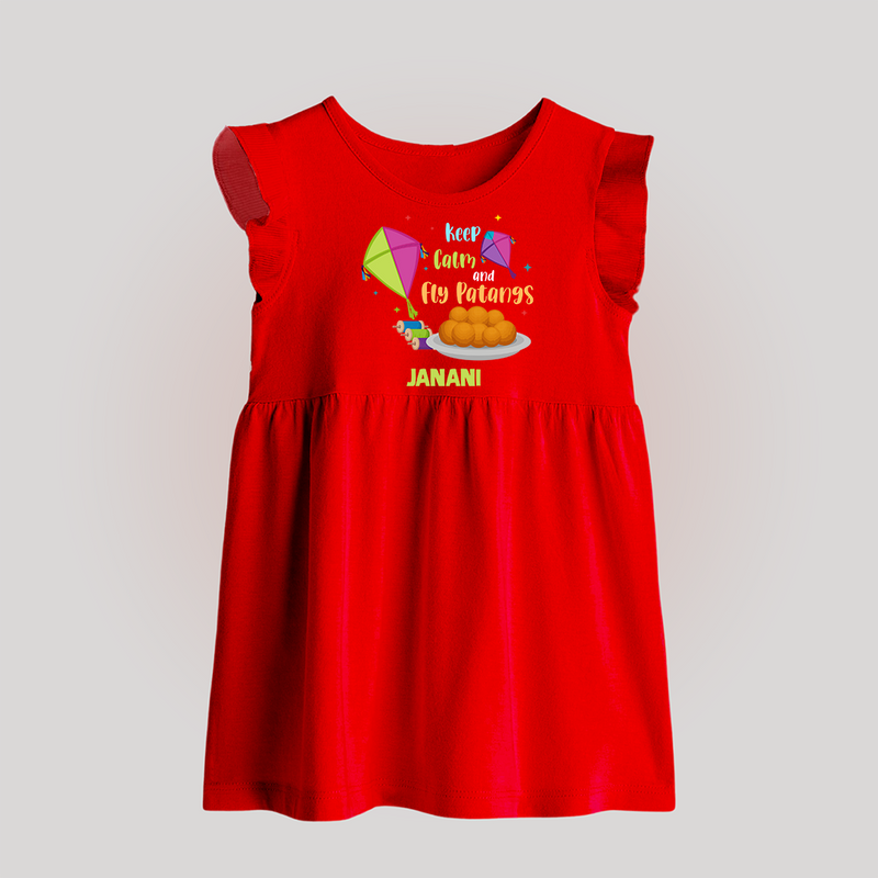 Keep Calm and Fly Patangs - Customised Frock  - RED - 0 - 3 Months Old (Chest 17")