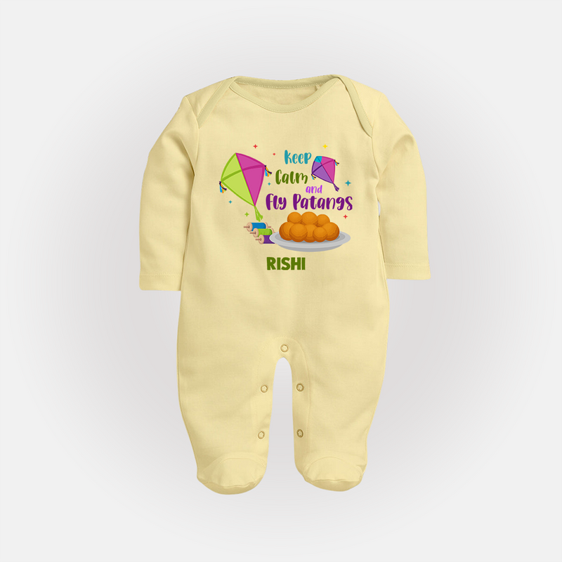 Keep Calm and Fly Patangs - Customised Full Body Suit  - PASTEL YELLOW - New Born (Chest 7.5")