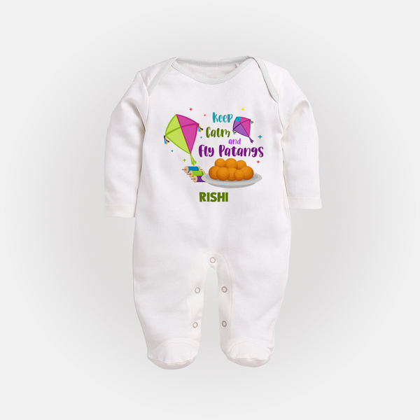 Keep Calm and Fly Patangs - Customised Full Body Suit  - WHITE - New Born (Chest 7.5")