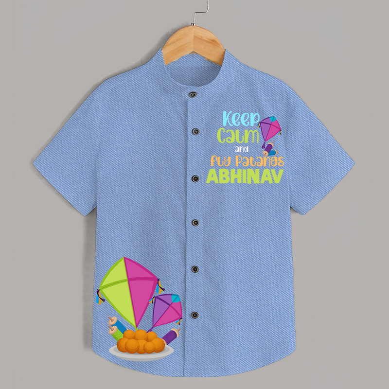 Keep Calm and Fly Patangs - Adorable Customised Kids Shirt  - SKY BLUE - 0 - 6 Months Old (Chest 23")