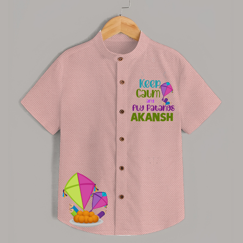 Keep Calm and Fly Patangs - Adorable Customised Kids Shirt  - PEACH - 0 - 6 Months Old (Chest 23")