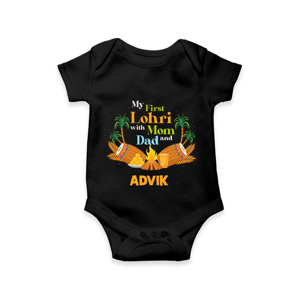 My First Lohri with mom & dad| Customized Romper  - BLACK - New Born (Chest 14")