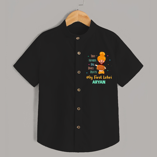 Tiny Hands Big Dhol Beats My first Lohri Customized Shirt For Kids With Name - BLACK - 0 - 6 Months Old (Chest 23")