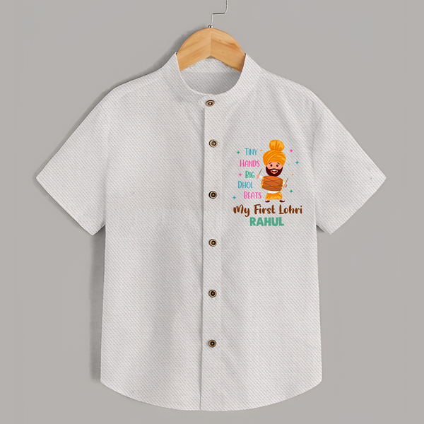 Tiny Hands Big Dhol Beats My first Lohri Customized Shirt For Kids With Name - WHITE - 0 - 6 Months Old (Chest 23")