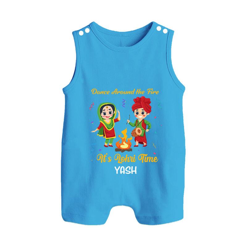 Dance Around The Fire - Lohri Themed Customized Romper Suit for Babies With Name - ROYAL BLUE - 0 - 5 Months Old (Chest 18")