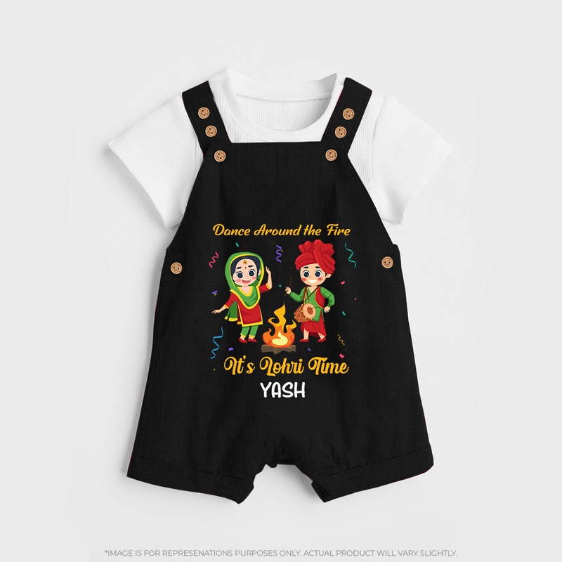 Dance Around The Fire - Lohri Themed Customized Dungaree Set for Kids With Name - BLACK - 0 - 5 Months Old (Chest 18")