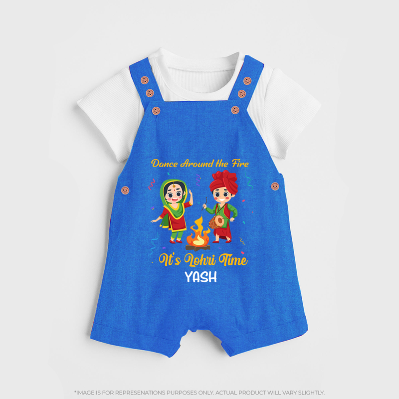 Dance Around The Fire - Lohri Themed Customized Dungaree Set for Kids With Name - COBALT BLUE - 0 - 5 Months Old (Chest 18")