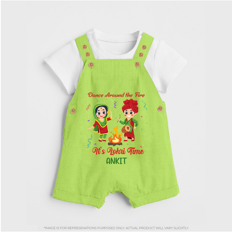 Dance Around The Fire - Lohri Themed Customized Dungaree Set for Kids With Name - GREEN - 0 - 5 Months Old (Chest 18")