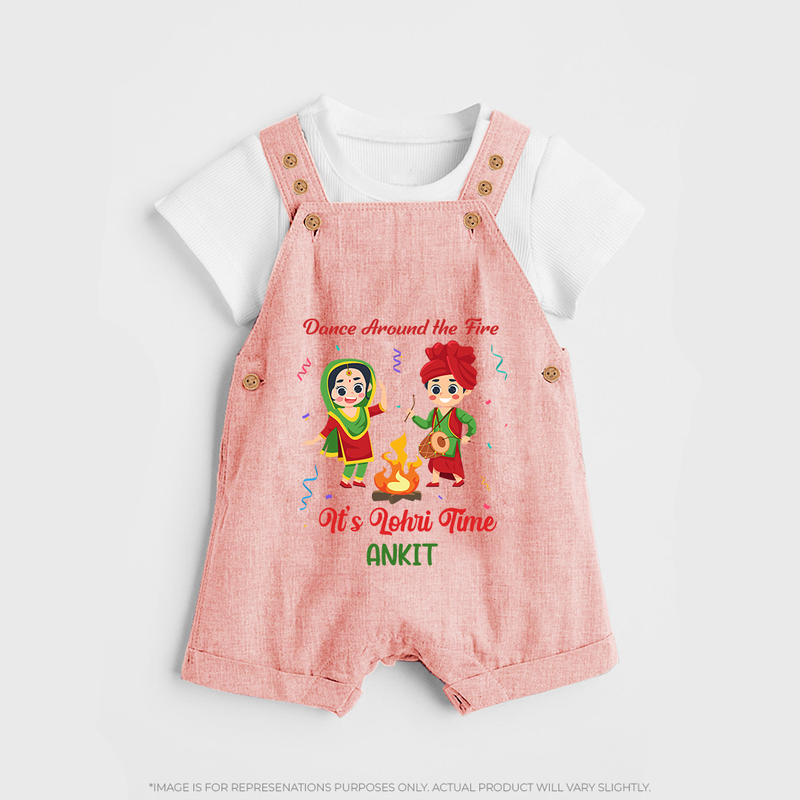 Dance Around The Fire - Lohri Themed Customized Dungaree Set for Kids With Name - PEACH - 0 - 5 Months Old (Chest 18")