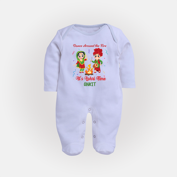 Dance Around The Fire - Lohri Themed Customized Sleep Suit for Babies With Name - BABY BLUE - New Born (Chest 7.5")