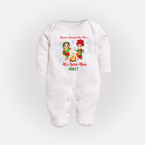 Dance Around The Fire - Lohri Themed Customized Sleep Suit for Babies With Name - WHITE - New Born (Chest 7.5")