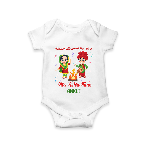 Dance Around The Fire - Lohri Themed Customized Romper for Babies With Name - WHITE - 0 - 3 Months Old (Chest 16")