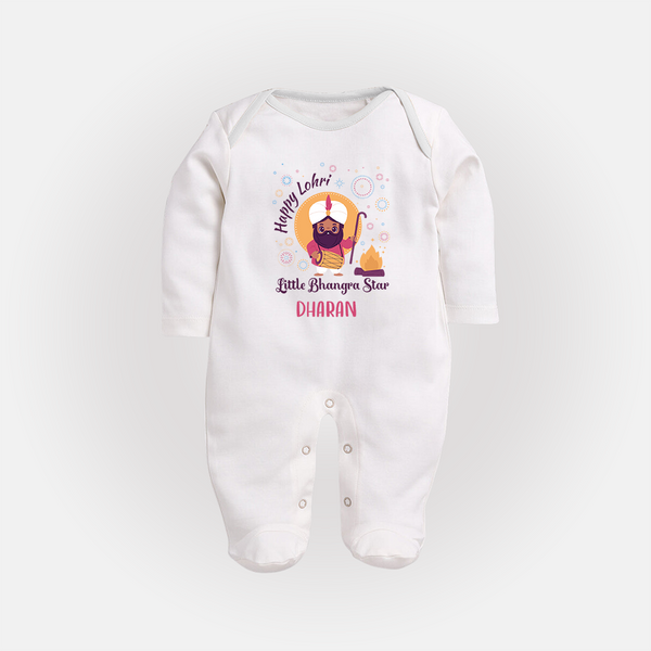 Tiny Celebrations - Lohri Themed Customized Sleep Suit for Babies with Name - WHITE - New Born (Chest 7.5")