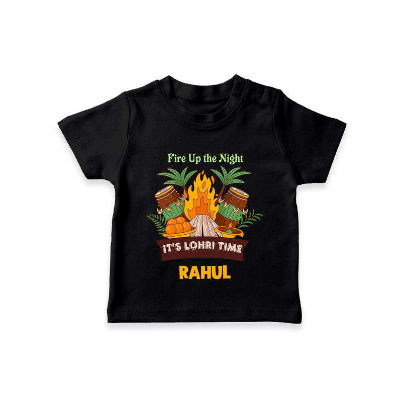 Lohri Bonfire - Customized T-Shirt for Kids with Name - BLACK - 0-5 Months Old (Chest 17")