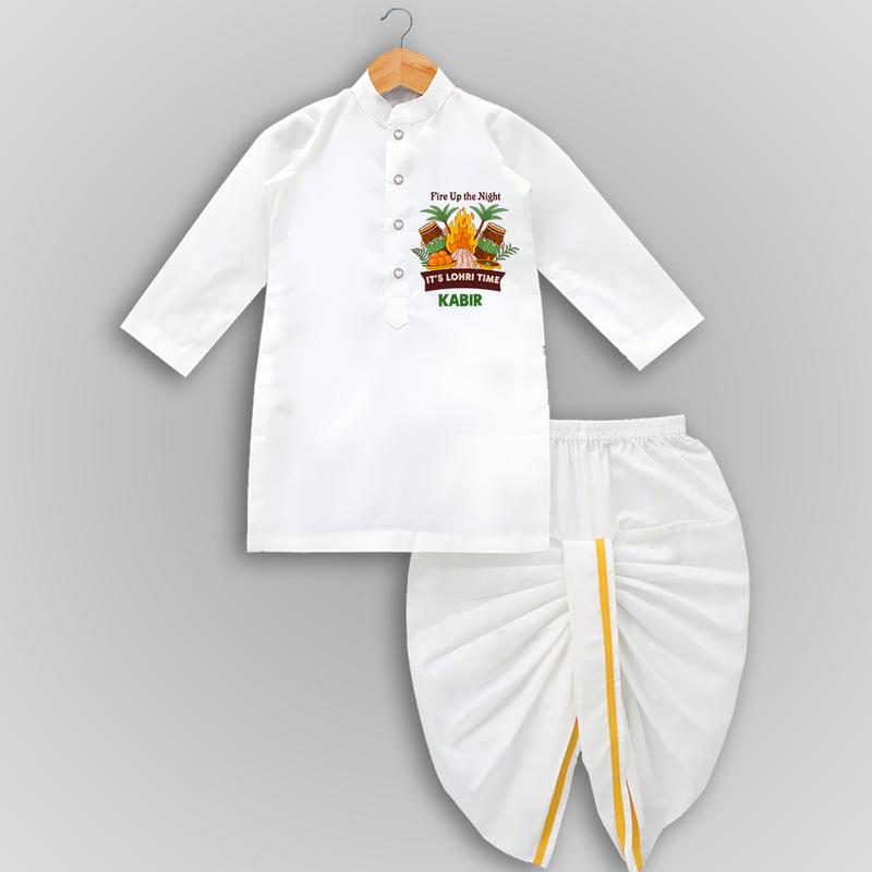 Lohri Bonfire - Customized Drapped Dhoti for Kids with Name - WHITE - 0 - 6 Month Old (Chest 24", Kurta Length 14" , Waist 19", Dhoti Length 14")