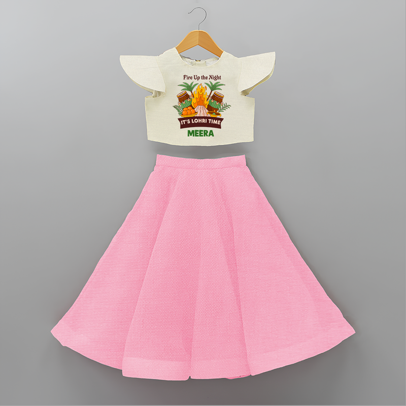 Lohri Bonfire - Customized Crop Top And Skirt for Kids with Name - PINK - 6 - 9 Months Old (Chest 20" , Frock Waist 20")