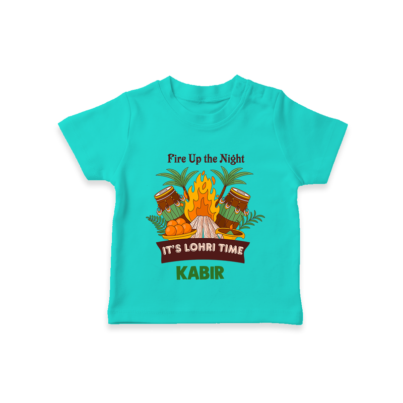 Lohri Bonfire - Customized T-Shirt for Kids with Name - TEAL - 0-5 Months Old (Chest 17")