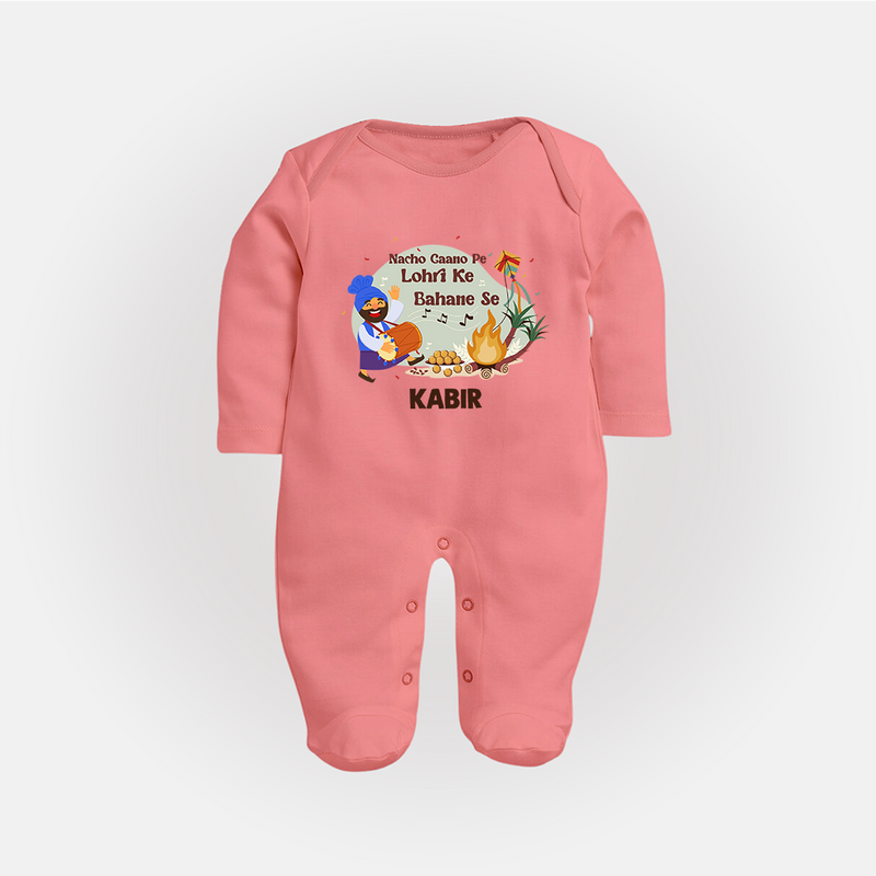 Lohri Delight - Customized Sleep Suit for Babies with Name - PEACH - New Born (Chest 7.5")