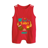 Happy Lohri - Festive Bonfire Customized Romper Suit for Babies with Name - RED - 0 - 5 Months Old (Chest 18")