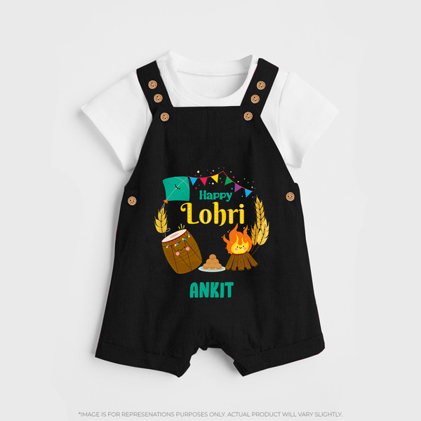 Happy Lohri - Festive Bonfire Customized Dungaree Set for Kids with Name - BLACK - 0 - 5 Months Old (Chest 18")