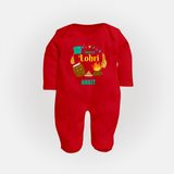 Happy Lohri - Festive Bonfire Customized Sleep Suit for Babies with Name - RED - New Born (Chest 7.5")