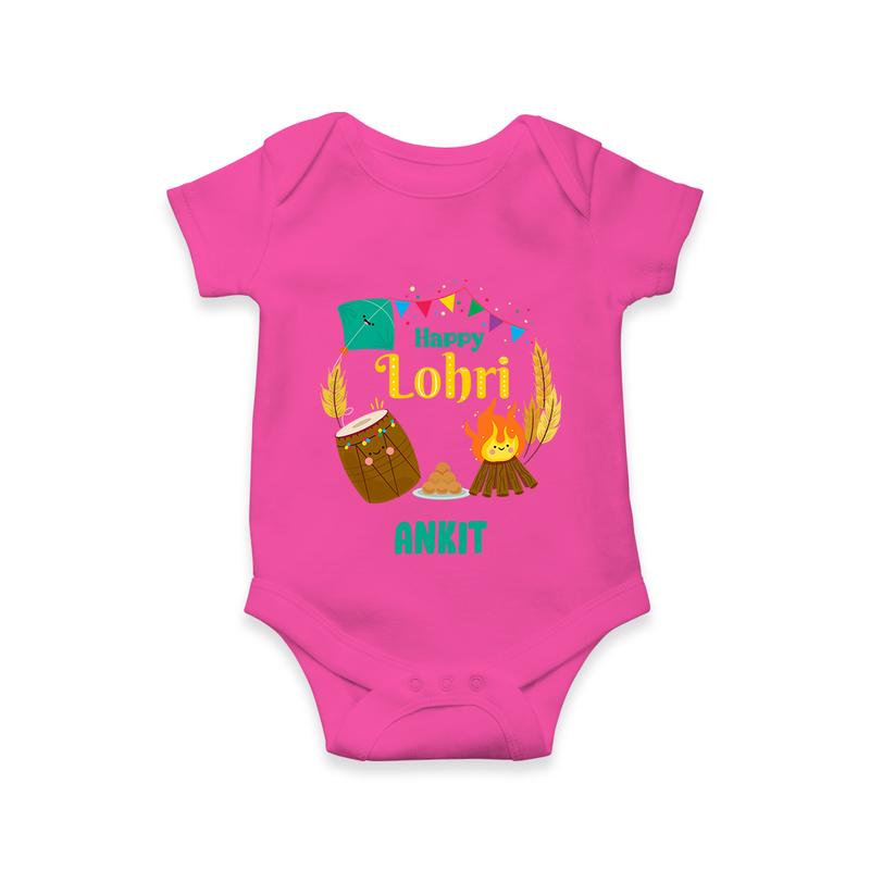 Happy Lohri - Festive Bonfire Customized Romper for Babies with Name - HOT PINK - 0 - 3 Months Old (Chest 16")