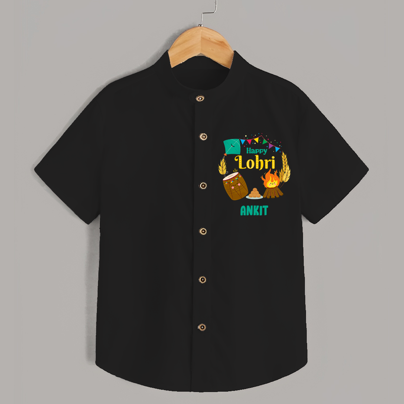 Happy Lohri - Festive Bonfire Customized Shirt for Kids with Name - BLACK - 0 - 6 Months Old (Chest 23")