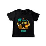 Happy Lohri - Festive Bonfire Customized T-Shirt for Kids with Name - BLACK - 0-5 Months Old (Chest 17")