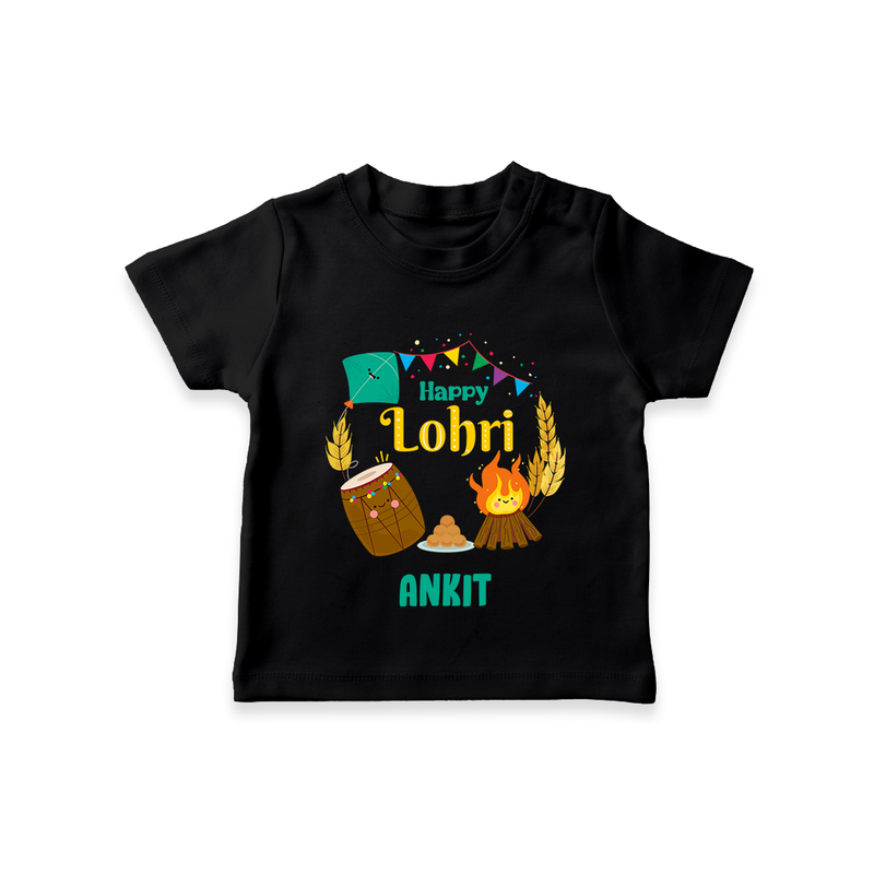 Happy Lohri - Festive Bonfire Customized T-Shirt for Kids with Name - BLACK - 0-5 Months Old (Chest 17")