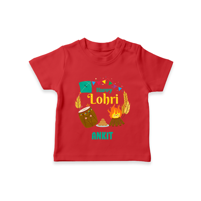 Happy Lohri - Festive Bonfire Customized T-Shirt for Kids with Name - RED - 0-5 Months Old (Chest 17")