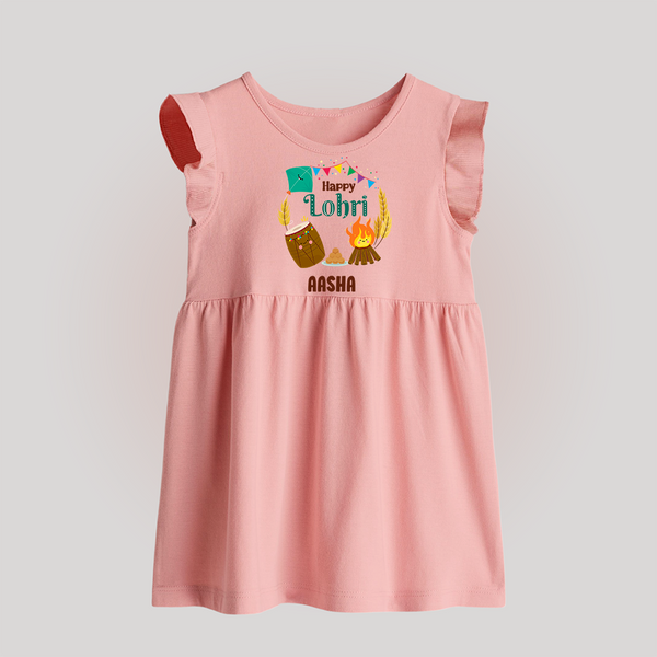 Happy Lohri - Festive Bonfire Customized Baby Frock for Kids with Name - BABY PINK - 0 - 3 Months Old (Chest 17")