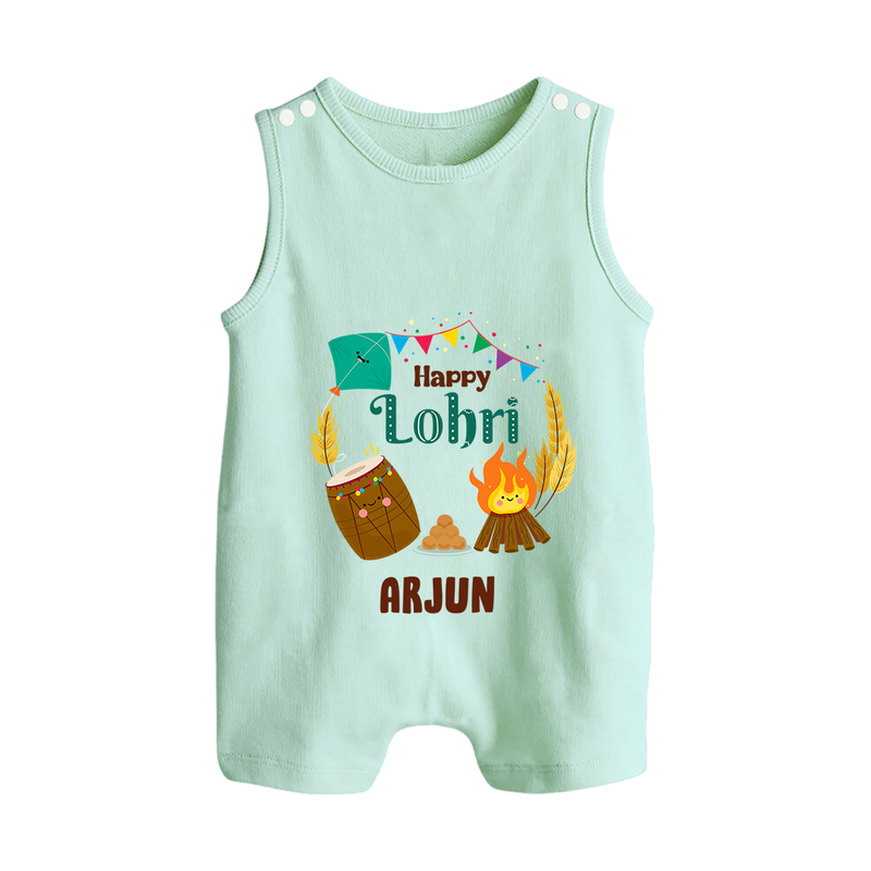 Happy Lohri - Festive Bonfire Customized Romper Suit for Babies with Name - MINT GREEN - 0 - 5 Months Old (Chest 18")