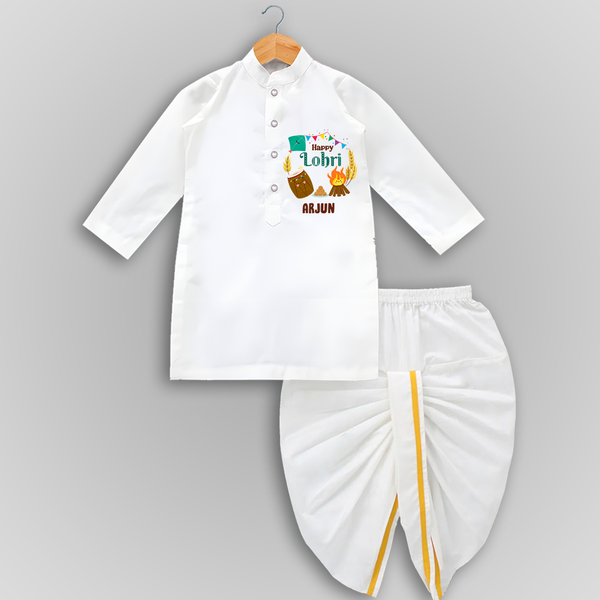 Happy Lohri - Festive Bonfire Customized Drapped Dhoti for Kids with Name - WHITE - 0 - 6 Month Old (Chest 24", Kurta Length 14" , Waist 19", Dhoti Length 14")