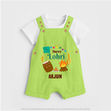 Happy Lohri - Festive Bonfire Customized Dungaree Set for Kids with Name - GREEN - 0 - 5 Months Old (Chest 18")