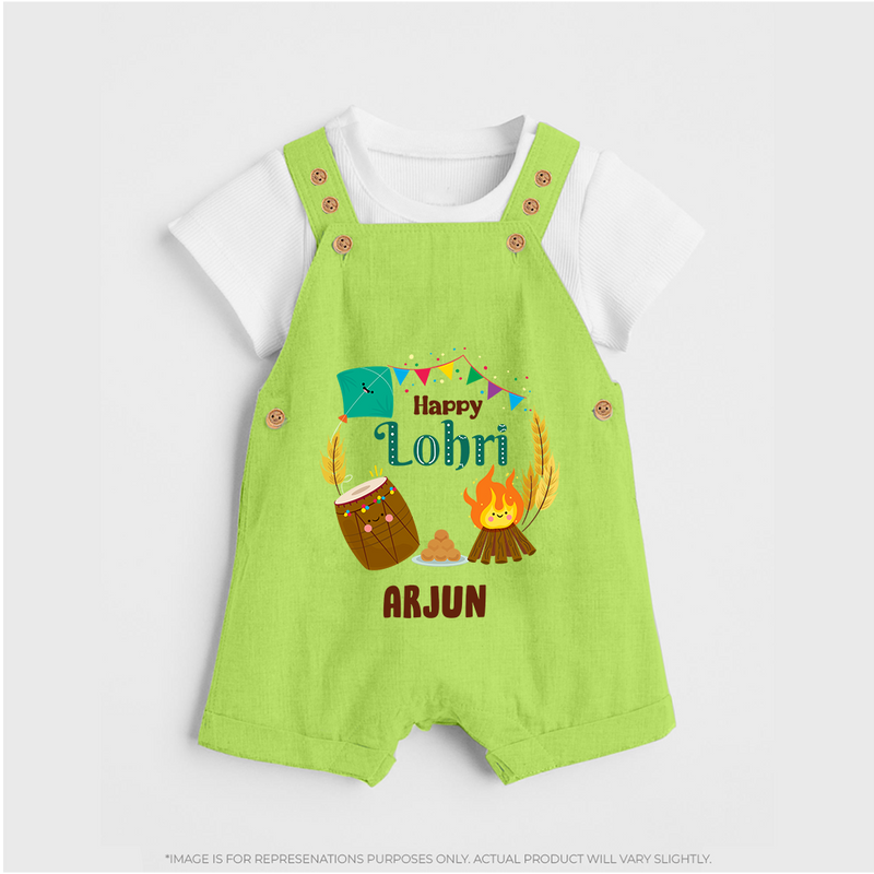 Happy Lohri - Festive Bonfire Customized Dungaree Set for Kids with Name - GREEN - 0 - 5 Months Old (Chest 18")