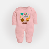 Happy Lohri - Festive Bonfire Customized Sleep Suit for Babies with Name - BABY PINK - New Born (Chest 7.5")